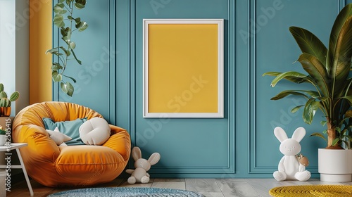 Mock up poster frame in children room interior background 