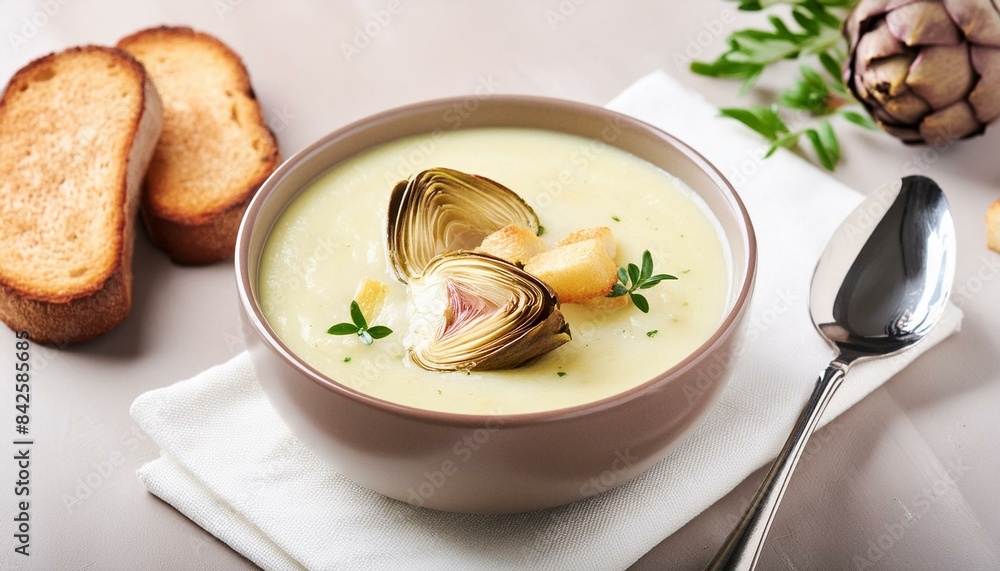Thick rich cream soup of artichokes, potatoes, leeks and garlic served with toasted bread close-up in a bowl on the table. Thick rich cream soup of artichokes, potatoes, leeks and garlic served with toasted bread close-up in a bowl on the table.