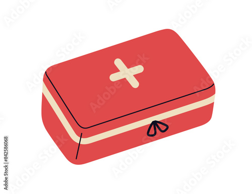 First aid kit suitcase, emergency box. Medical case with cross. Travel briefcase, red container with health drugs, CPR equipment, pharmacy. Flat vector illustration isolated on white background