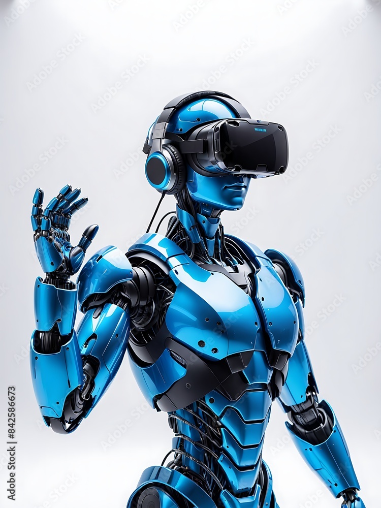 male cyborg robot wearing vr headset, Blue cyborg robot with cybernetic implants wearing virtual reality glasses male cyborg robot wearing vr headset, Blue cyborg robot with cybernetic implants wearing virtual reality glasses