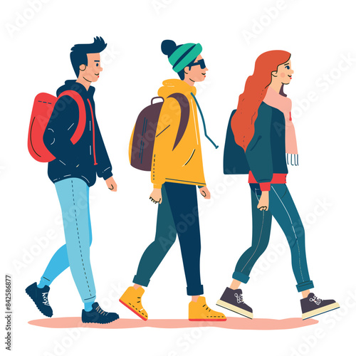 Three friends walking side side, casual attire, backpacks, colorful clothing. Young adults strolling, modern style, trendy outfits, sneakers, beanie. Group students, cheerful conversation urban