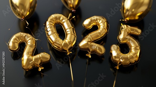HAPPY NEW YEAR 2025 - Festive silvester party celebration holiday, new year's eve concept greeting card background - Golden year number date balloons lying on a table, top view © Corri Seizinger