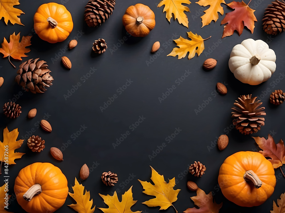 Autumn leaves, pumpkin, pine cones, and nuts on a black background with copy space. Thanksgiving concept. Flat lay, layout, room for text design Autumn leaves, pumpkin, pine cones, and nuts on a black background with copy space. Thanksgiving concept. Flat lay, layout, room for text design