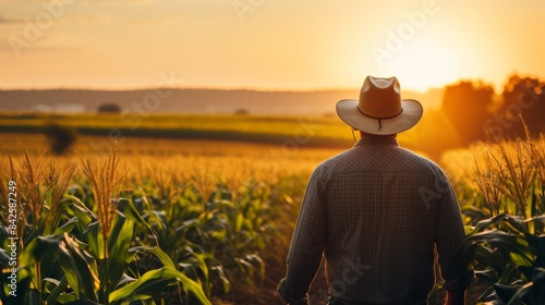 A man wearing a straw hat stands in a field of corn. The sun is setting in the background, casting a warm glow over the scene. The man is enjoying the peacefulness of the countryside