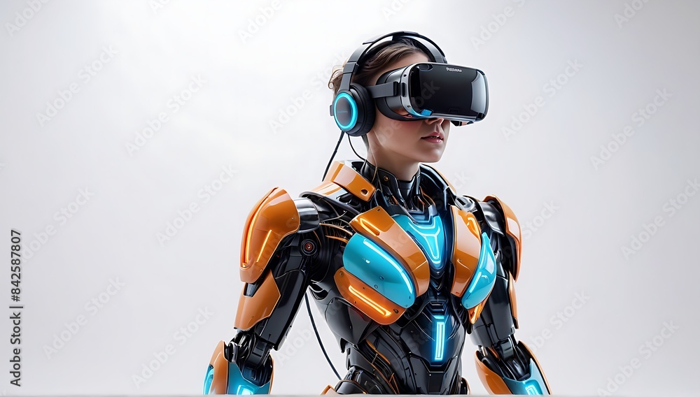 female cyborg robot wearing a vr headset, Beautiful cyborg robot with cybernetic implants wearing virtual reality glasses female cyborg robot wearing a vr headset, Beautiful cyborg robot with cybernetic implants wearing virtual reality glasses
