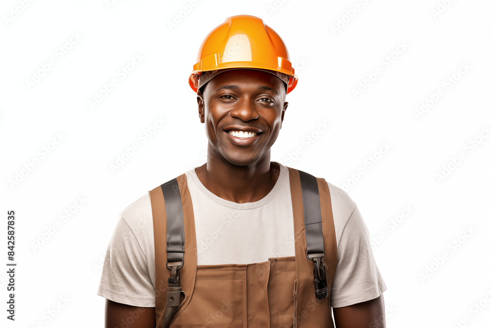 Smiling men bricklayer in work clothes on white background. Mason at work. Black men. African American man. Job. construction company. AI Smiling men bricklayer in work clothes on white background. Mason at work. Black men. African American man. Job. construction company. AI