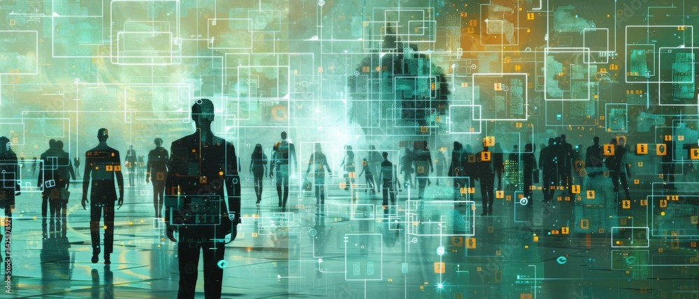 Fototapeta premium Abstract depiction of advanced business environment with silhouettes of people and digital interfaces, illustrating futuristic concepts of technology and data integration