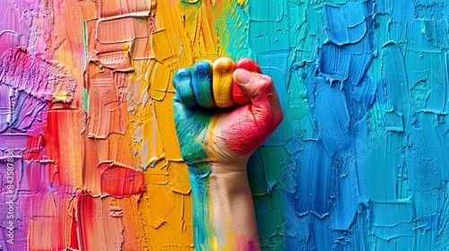 Rainbow colors painted hand raised making fist, sign