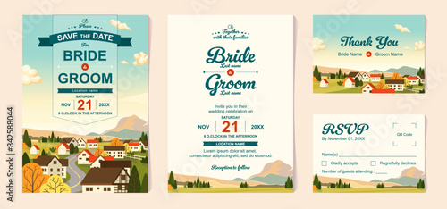 Set of wedding invitation template with wild nature old village landscape illustration