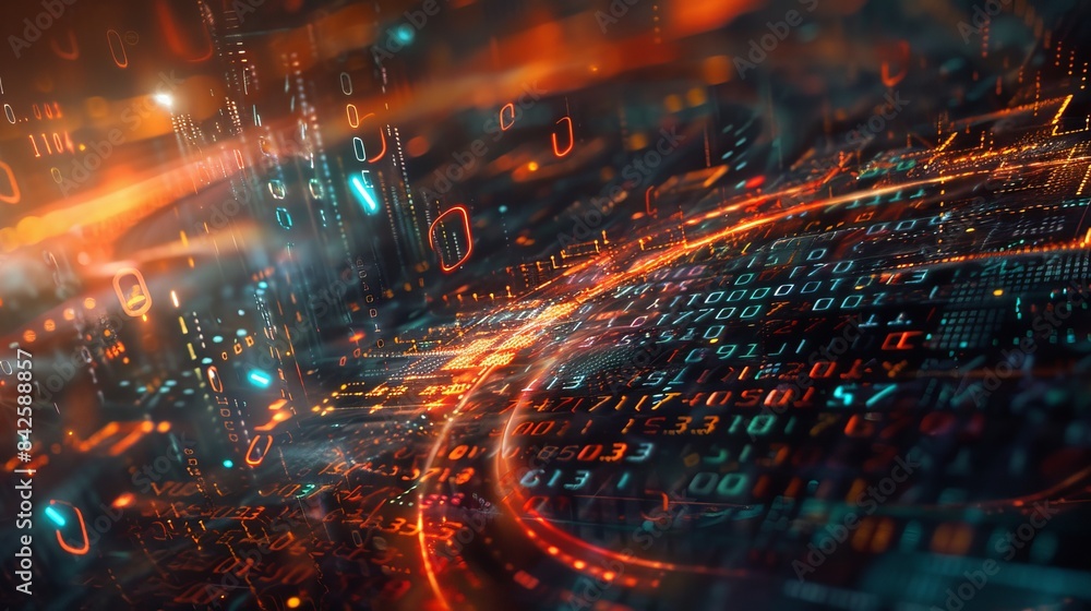 Abstract sci-fi representation of numbers with glowing red and blue digital elements, illustrating advanced data processing and futuristic technology Abstract sci-fi representation of numbers with glowing red and blue digital elements, illustrating advanced data processing and futuristic technology