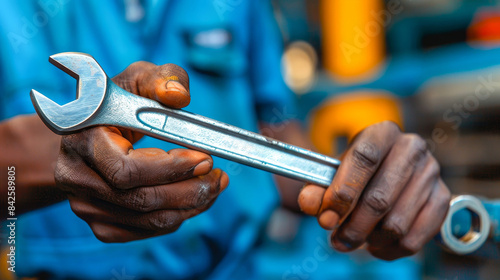 Close-up of a person holding a wrench, symbolizing mechanical work and repair in an industrial setting with a blue background.