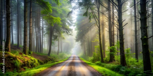 Forest road with misty distance