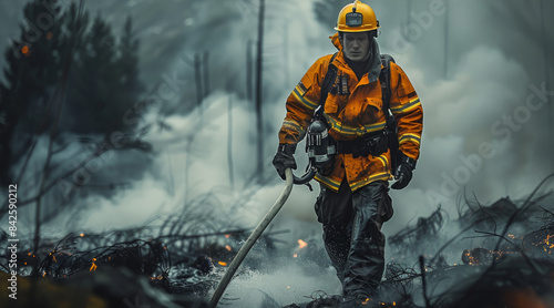 A tired firefighter, with his firefighter uniform, black pants with refractory, on a firefighting mission, smoke is seen behind him while He runs with the hose in his hand. Generative AI.
