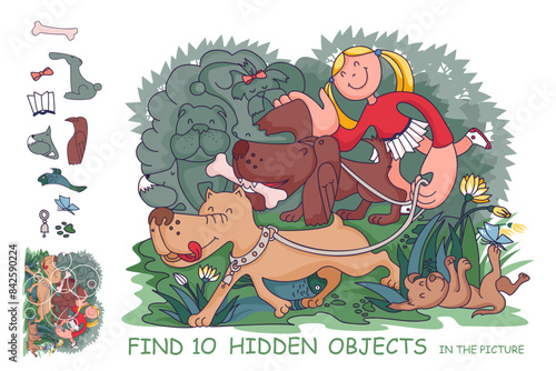 Find the hidden objects. Girl walks the dogs outside. Puzzle game for kids. Printable education worksheet. Sketch vector illustration.