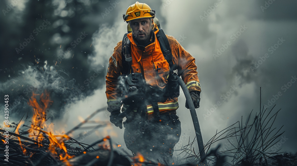 A tired firefighter, with his firefighter uniform, black pants with refractory, on a firefighting mission, smoke is seen behind him while He runs with the hose in his hand. Generative AI. A tired firefighter, with his firefighter uniform, black pants with refractory, on a firefighting mission, smoke is seen behind him while He runs with the hose in his hand. Generative AI.