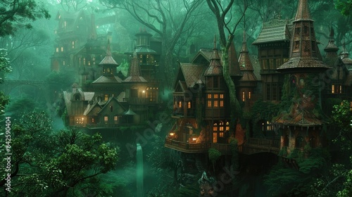 Elven city in the forest  elf  magic  forest  mysterious  fairytale  storybook  magic  magical  house  home  building  creature  fantasy  fantastic