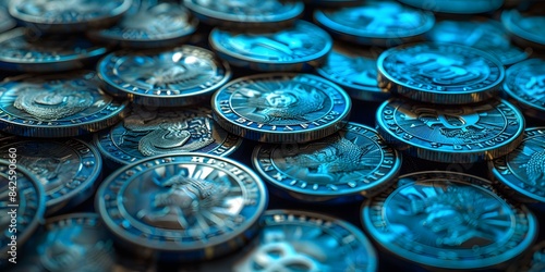 Close up of a pile of silver and blue colored physical bitcoins