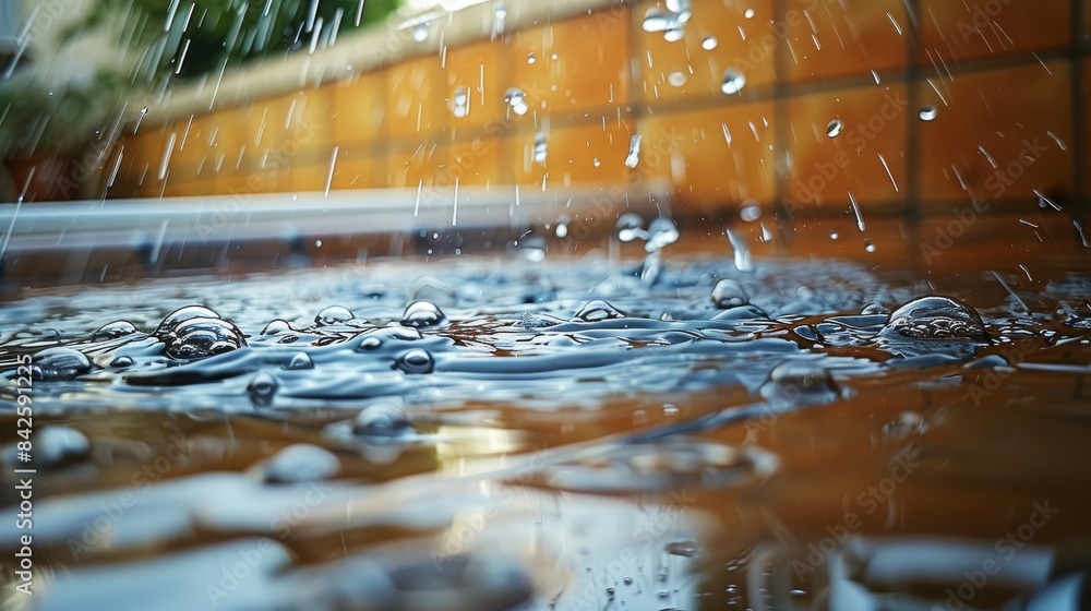 A close-up scene of a dripping faucet creating splashes on a laminate floor, showing reflections in the water puddle. Generative AI.