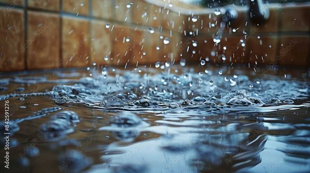 A close-up scene of a dripping faucet creating splashes on a laminate floor, showing reflections in the water puddle. Generative AI. A close-up scene of a dripping faucet creating splashes on a laminate floor, showing reflections in the water puddle. Generative AI.