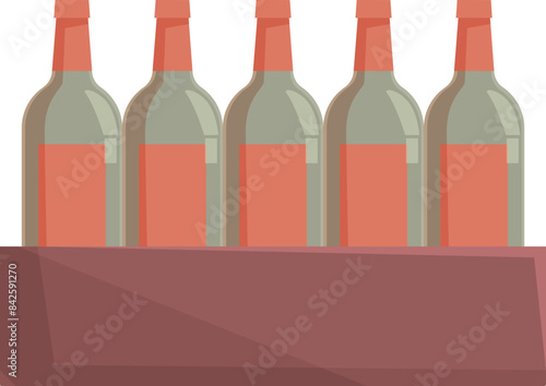 Five bottles of wine with blank labels resting on a shelf, wine production concept