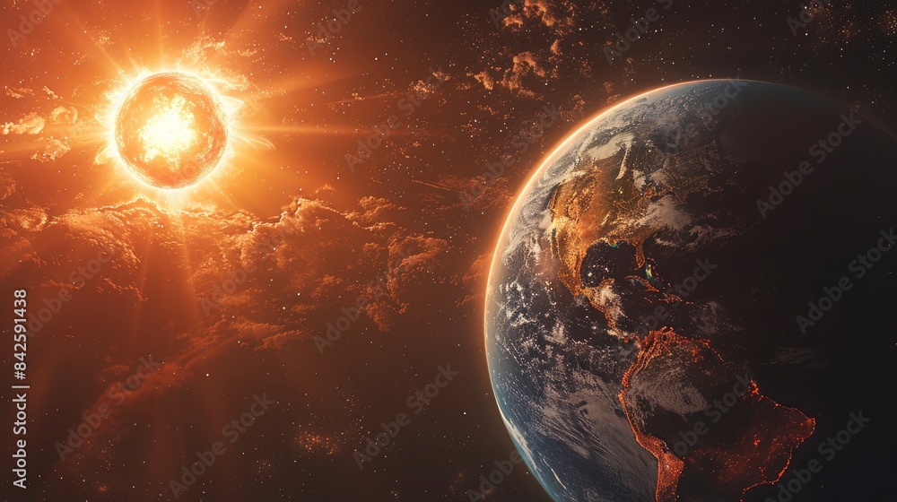 Obraz premium A realistic depiction of the sun, Earth and Mars in space, showing their distance from each other with earth as blue ball. 