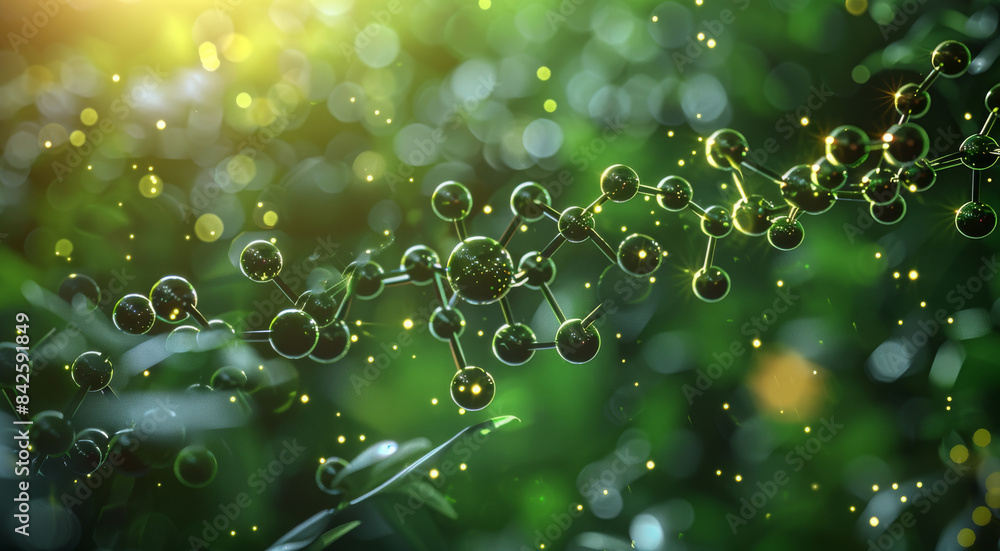 A beautiful pentagon molecule filled with dots, placed against a soothing bright green solid background. Generative AI.