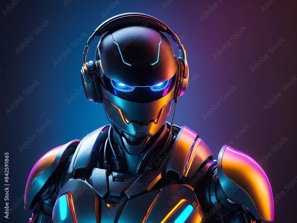 futuristic robot wearing a vr headset in a room with neon lights futuristic robot wearing a vr headset in a room with neon lights