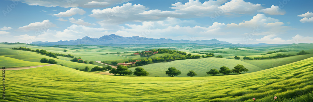 Illustrate a landscape resembling waves of verdant fields with graceful curves and rich green tones. Focus on the fluid and dynamic movement within the natural scenery Illustrate a landscape resembling waves of verdant fields with graceful curves and rich green tones. Focus on the fluid and dynamic movement within the natural scenery