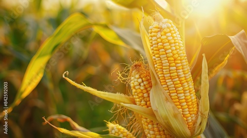 Golden Corn Ears Ripening Under Sunny Sky in a Cornfield