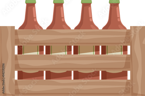 Wooden crate is holding glass bottles full of beer with green caps