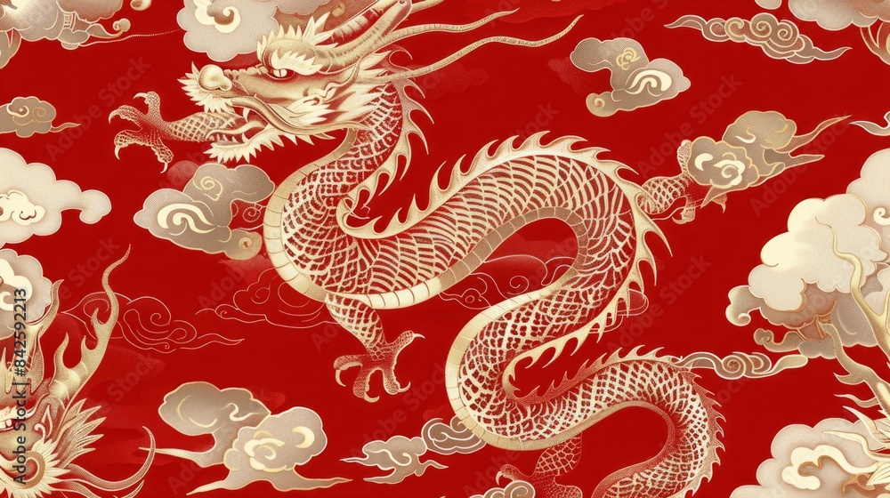Obraz premium Golden dragons on red background. Traditional Chinese style illustration.