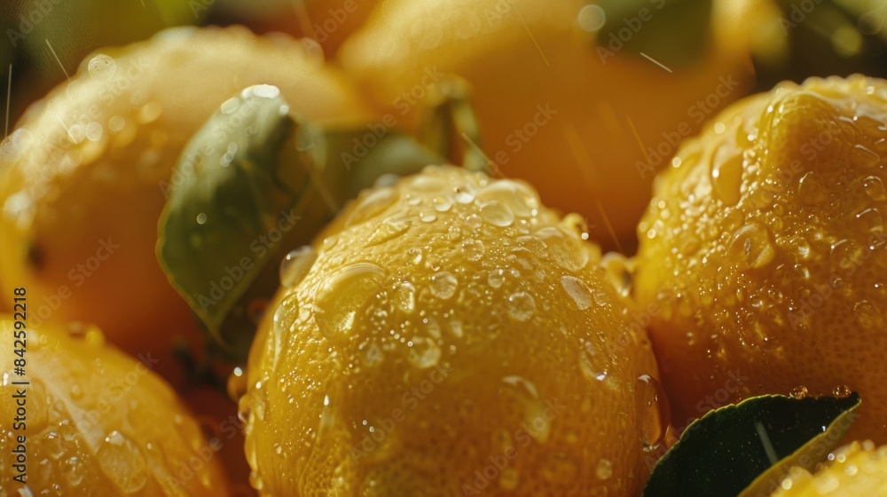 Close-up of fresh lemon slices with water droplets. Close-up of fresh lemon slices with water droplets.