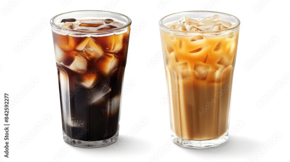 Cold and hot iced coffee drinks with cream swirl. Cold and hot iced coffee drinks with cream swirl.