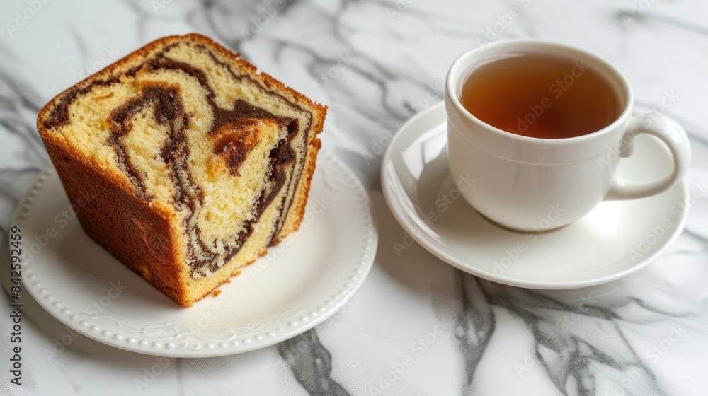 Marble Table with Tea and Swirl Marble Cake Top View Marble Table with Tea and Swirl Marble Cake Top View