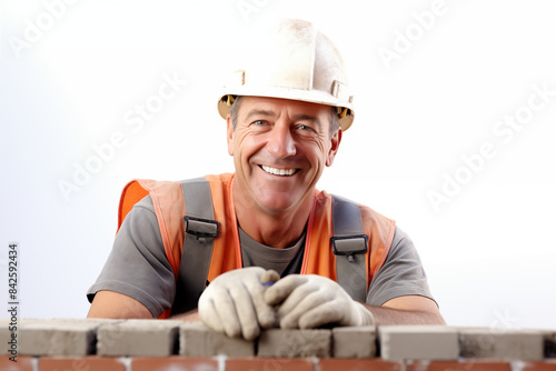 Smiling white men bricklayer in work clothes on white background. Mason at work. White men. American man. French men. Job. construction company. AI
