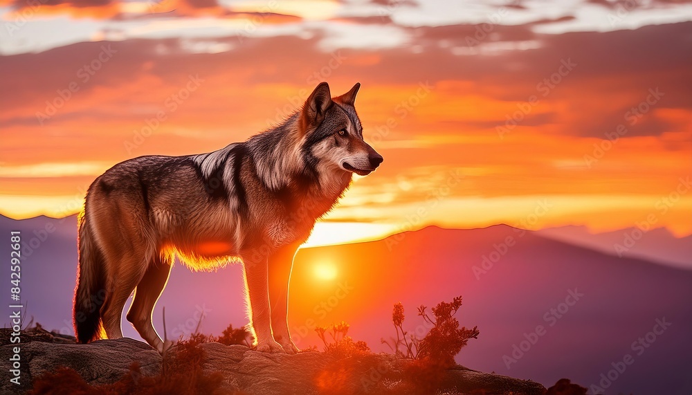 A lone wolf standing majestically on a hilltop, illuminated by the warm hues of a breathtaking sunset. A lone wolf standing majestically on a hilltop, illuminated by the warm hues of a breathtaking sunset.
