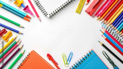 Colorful Back to School Supplies Flat Lay with Notebooks, Pencils, Pens, and Paperclips on White Background
