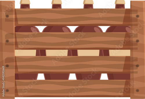 Six bottles in a wooden crate are ready to be shipped, stored, or sold by a brewery or distributor