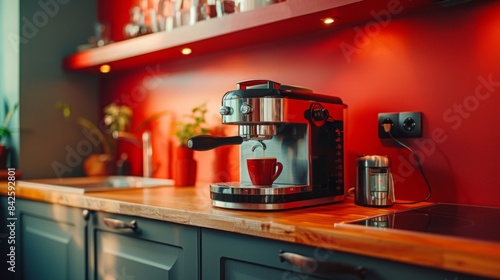 Streamlined Coffee Machine in Neo-Classical Style Kitchen  Close-UpHD Detail  Vibrant Colors  Cozy Atmosphere  Coffee Making Process