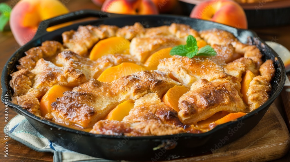 Peach Cobbler in Cast Iron Skillet on Wooden Background Peach Cobbler in Cast Iron Skillet on Wooden Background