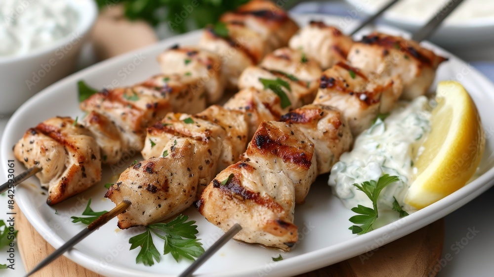 Grilled Chicken Skewers with Tzatziki Sauce and Lemon Wedge Grilled Chicken Skewers with Tzatziki Sauce and Lemon Wedge
