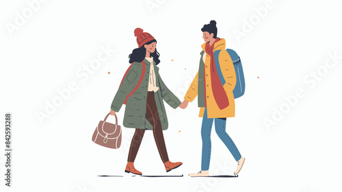 Two women walking together, friends enjoying stroll, casual winter fashion. Female characters holding hands, cheerful expression, modern street style. Handdrawn illustration, warm coats, beanies