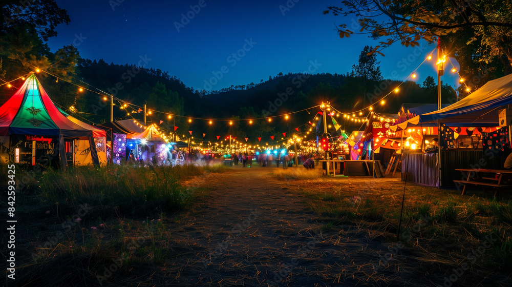 Summer city park decorated for a holiday, festival, decorative ornaments, flags, garlands, flowers, alleys, fairgrounds