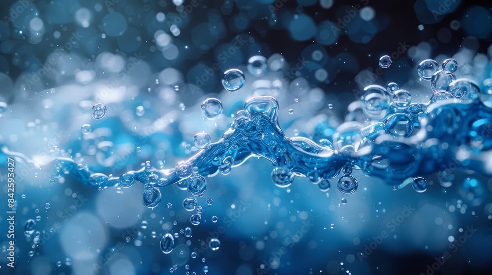 Abstract blue water splash with bubbles and bokeh background, a beautiful image for your website or design project. Abstract blue water splash with bubbles and bokeh background, a beautiful image for your website or design project.