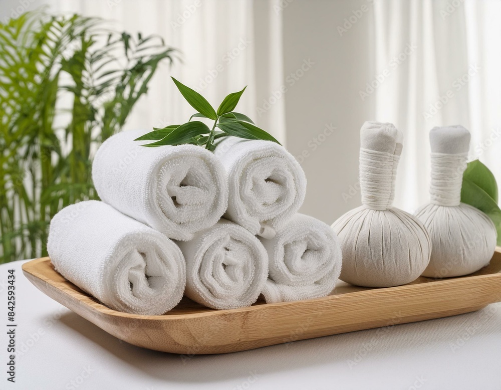 Towels with herbal bags and beauty treatment items setting in spa center in white room Towels with herbal bags and beauty treatment items setting in spa center in white room