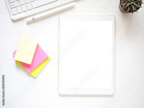 Wallpaper Mural Template, mock-up digital tablet pc computer with blank white screen and pen, keyboard, post-it on white wooden background. Top view, flat lay business background. . Torontodigital.ca