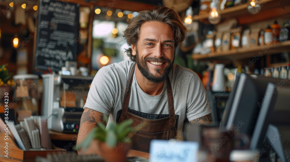 A merchant smiling behind his computer because his business is making so much more money now that they hired people to manage the businesses automations and digital marketing. Generative AI. A merchant smiling behind his computer because his business is making so much more money now that they hired people to manage the businesses automations and digital marketing. Generative AI.