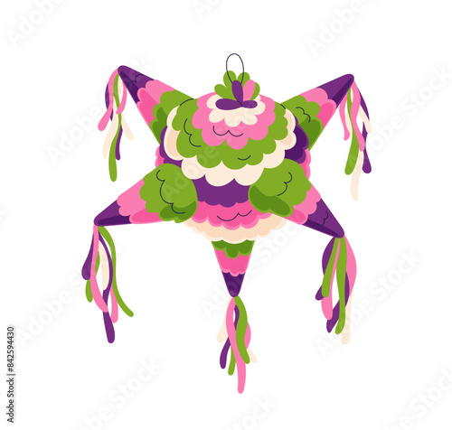Pinata star toy, Mexican holiday. Colorful paper decoration for Cinco de Mayo. Traditional ornament, adornment, Mexico party surprise. Flat graphic vector illustration isolated on white background