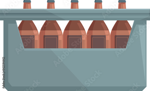 Six pack of brown glass beer bottles standing in cardboard box for retail sale at grocery store