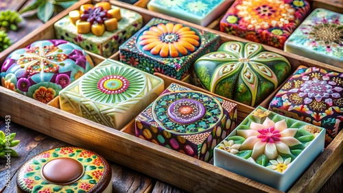 Polymer Clay Creations. An Assortment Of Colorful Polymer Clay Pieces In A Wooden Box.